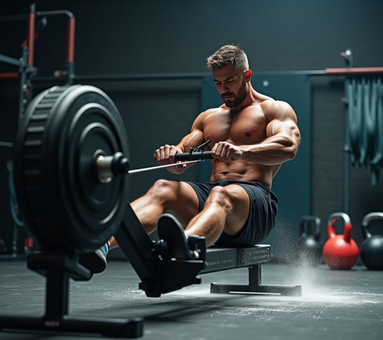 Athlete on rowing machine mid-pull