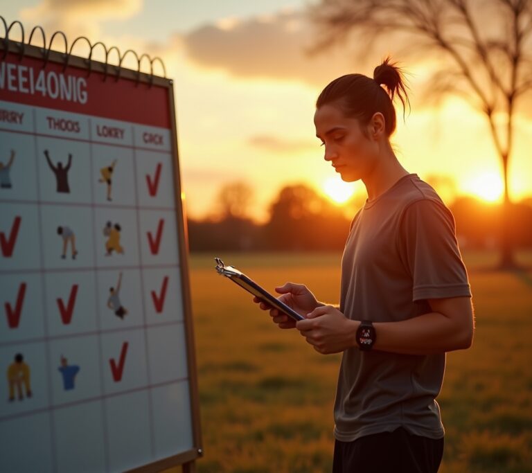Athlete checking off workout calendar